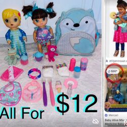 $12 For All Bundle of Baby alive 2 Dolls Backpack/diaper bag & 19 accessories in great condition