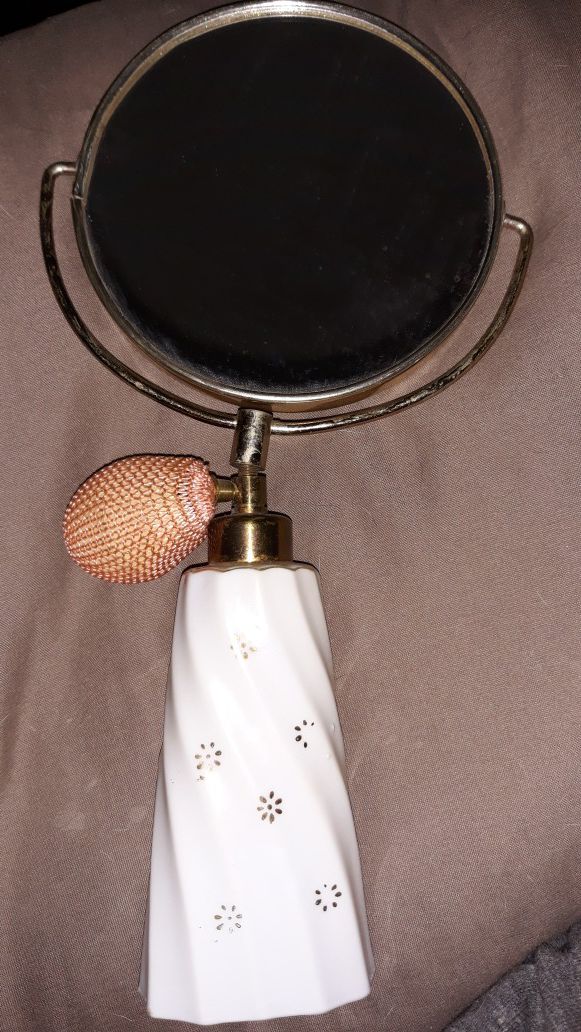 Antique hand held Mirror with dual Perfume Atomizer