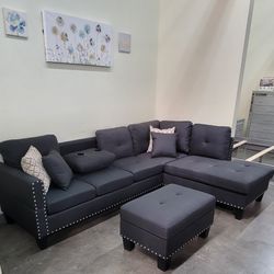 ✅️✅️ 3 pc charcoal linen like fabric sectional sofa drop down cup holder chaise and ottoman nail head trim ✅️