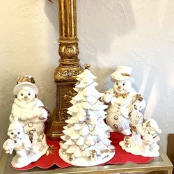 Vintage White And Gold Holidays Snowman’s Figurine Set