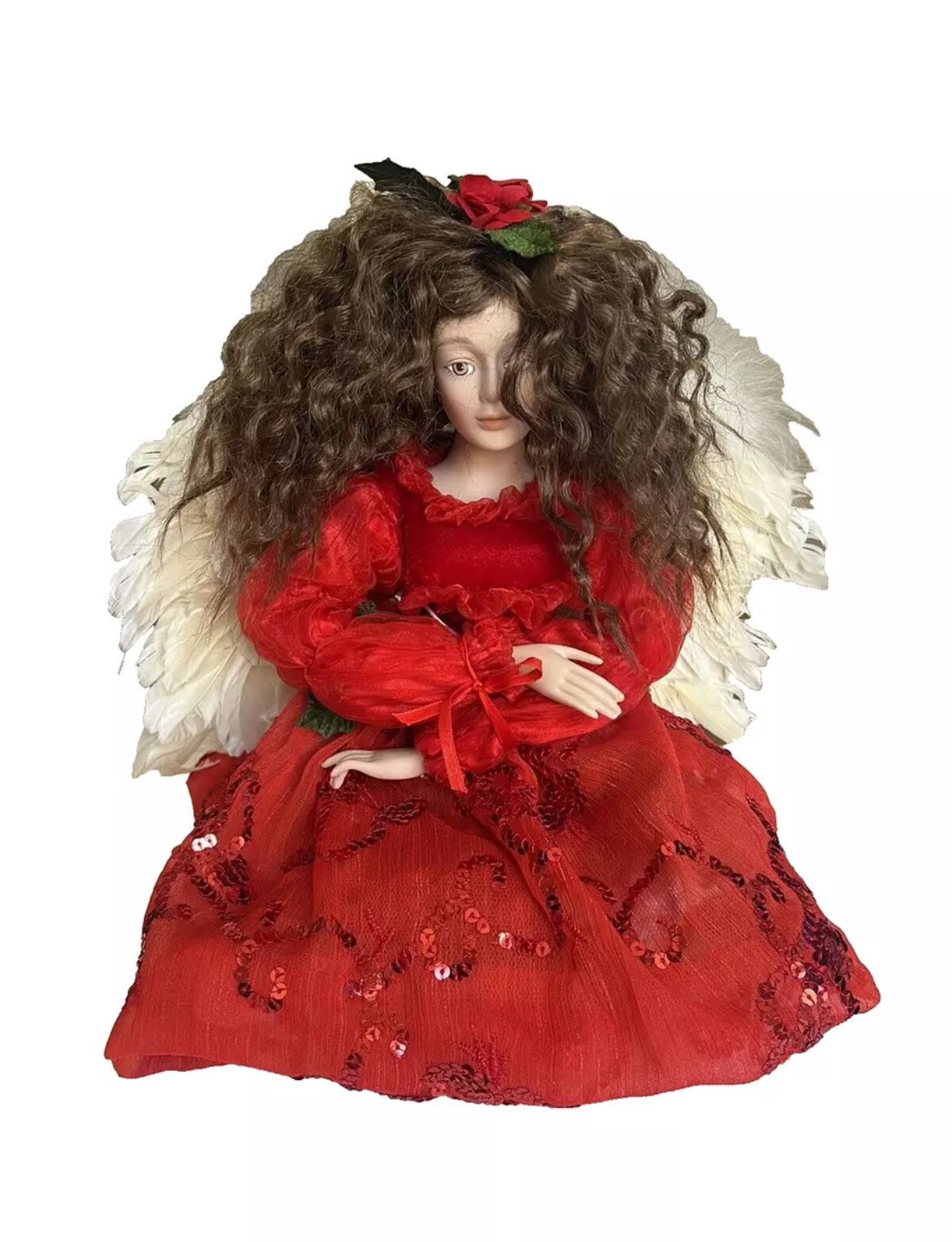 Vtg Angel Shelf Sitter Doll in Red Dress w Feather Wings Collectible Dillards