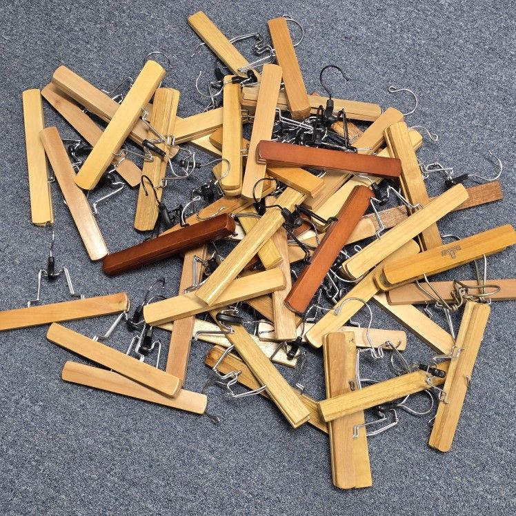 Lot of 48 Vintage Natural wooden Hangers with clips designed for organizing and storing coats, trousers, pants, clothes, Skirts