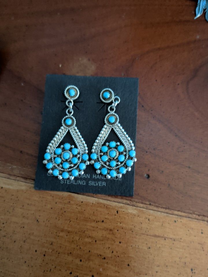 Genuine Indian Handmade Sterling Silver/Turquoise Earrings 