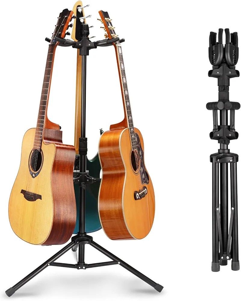  Triple Guitar Stand - Heavy Duty 3 Guitar Stand for Acoustic/Electric/Bass/Banjos, Auto-Lock Folding Design, 360° Non-Slip Base & Anti-Rust 