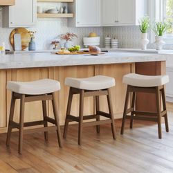 Set 3 Barstools, Saddle Seat Counter Height Bar Chairs, 24 Inch Counter Stools, Antique White Leather