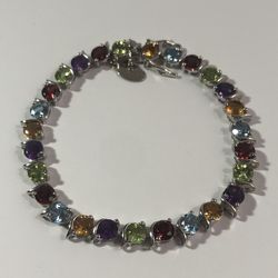 NIB Natural 24.50 Ct Rainbow Gemstones Sterling Silver Wavy Bracelet