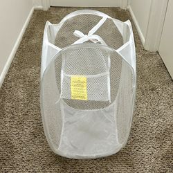 Small White Collapsible Mesh Hamper Laundry Basket with Pocket + Ties