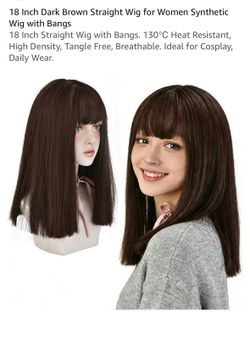 18 Inch Dark Brown Straight Wig for Women Synthetic Wig with Bangs 18 Inch Straight Wig with Bangs. 130°C Heat Resistant, High Density, Tangle Free, B