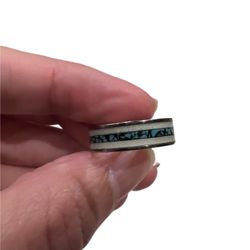 Silver tone, white and blue flakes striped ring, size 6