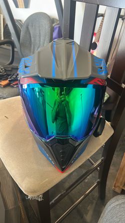 Airoh dual sport helmet with Cardo system and Iridium Commander Visor