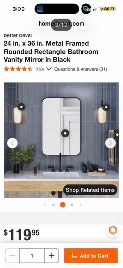 24 in. x 36 in. Metal Framed Rounded Rectangle Bathroom Vanity Mirror in Black