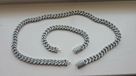 Double sided mossinite diamond 925 silver chain and bracelet set