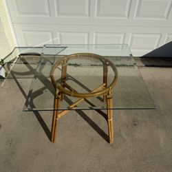 Glass Dining Table Square Bamboo Rattan Style Base Natural