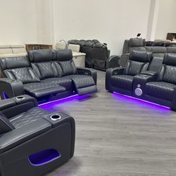 Brand New Plush Reclining Sofa Loveseat Chair Set W/ LED And Speakers 