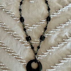 Black Beaded Statement Necklace with Large Circle Pendant