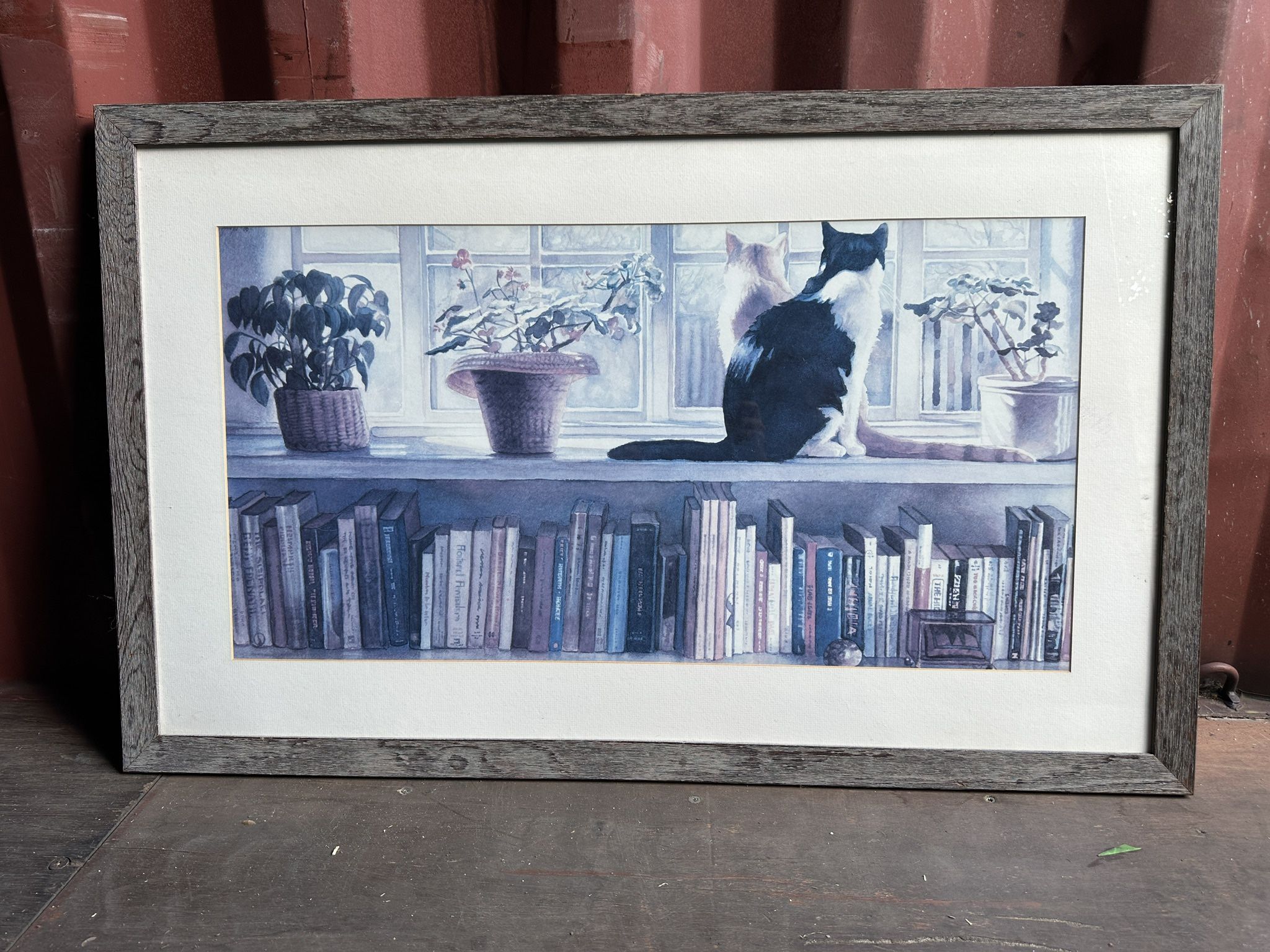 VINTAGE 1986 Steve Hanks (1(contact info removed)) Framed Print: Bookends (w/ Cats)