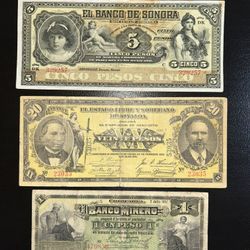 3 Rare Mexican Bank Notes 