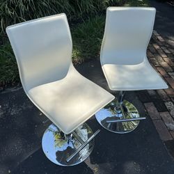 Pair Of White Adjustable Height Chrome Barstools 