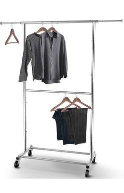 Simple Trending Clothing Garment Rack, Extensible Clothes Rack, Chrome Double Rod Portable Closet, Adjustable Middle Rod, Bottom Shelf, Multiple Uses,