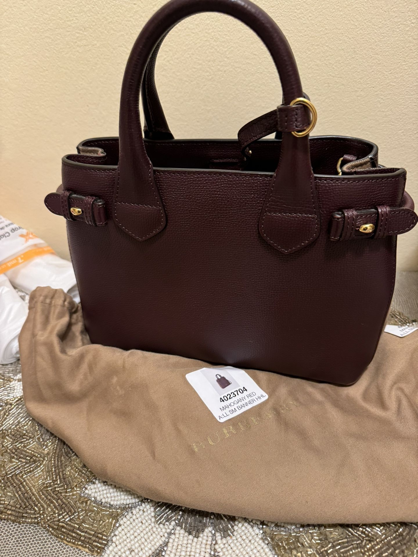 Burberry Mahogany Sm Banner Leather Bag 