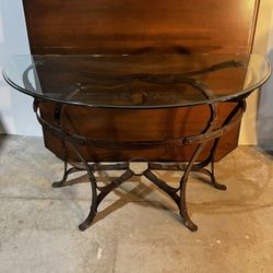 demi lune table cast metal base faux leather