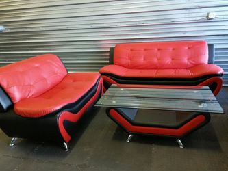 Brand New Black & Red Leather Modern Style Sofa & Loveseat