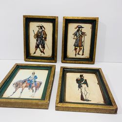 Antique Prints on Board Spain & European Solders from 18th Century Set of 4