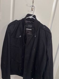 GUESS Black Military-Style Pea Coat with Button Detail Men’s XL