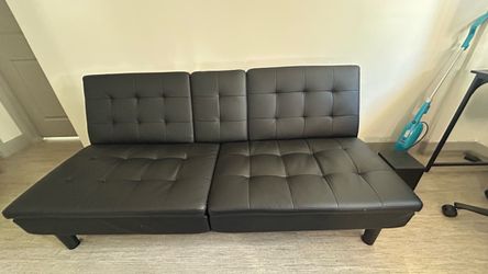 Black Faux Leather Futon Sofa Bed with cup holders