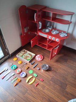Red Wooden Kids Play Kitchen with Accessories