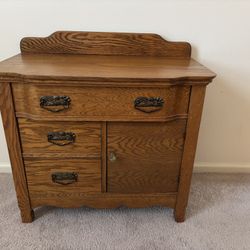 Antique Oak Wood Washstand, Dry Sink, Chest of Drawers, Cupboard, Cabinet,Dresser, 3 drawers, 1 door compartment, steel handles, 32”W x 32”H x 18”D, e