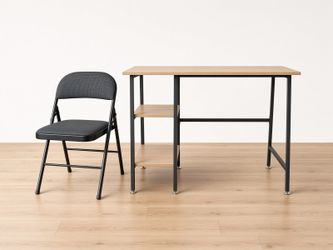 Light Oak Computer Desk with 2 Shelves + Padded Folding Chair