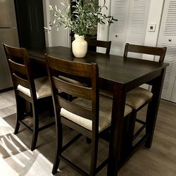 Dark Wood 5-Piece Dining Set Table with 4 Chairs & Built-In Wine Rack Storage