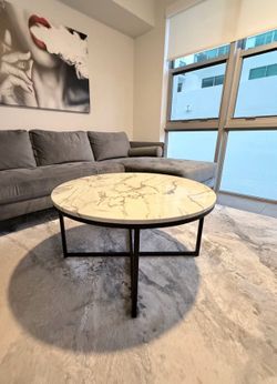 Round Marble-Look Coffee Table with Black Base
