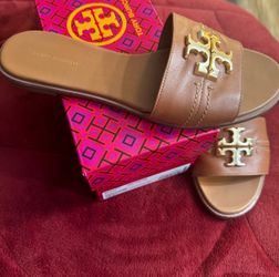 Tory Burch Leather Logo Slide Sandals Size 7.5 – Like New