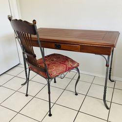 Antique Wooden Desk And Chair On Steel Frame