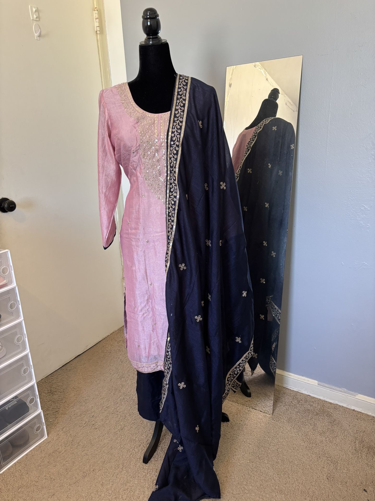 Pink and Navy Embroidered Salwar Kameez