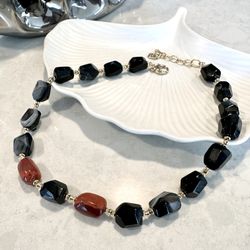 Natural Black Onyx Banded Agate Red Jasper Necklace Gold Tone Handmade