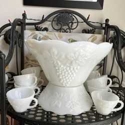 Vintage Anchor Hocking milk glass punch bowl with stand and cups. 