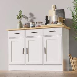 Cozy Castle White Kitchen Buffet Cabinet, White Kitchen Storage Cabinet with 3 Doors and 3 Drawers, White Accent Buffet Sideborad for Dining Room, Din