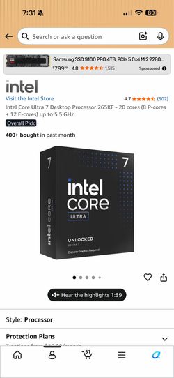 Intel core ultra 7 265kf cpu