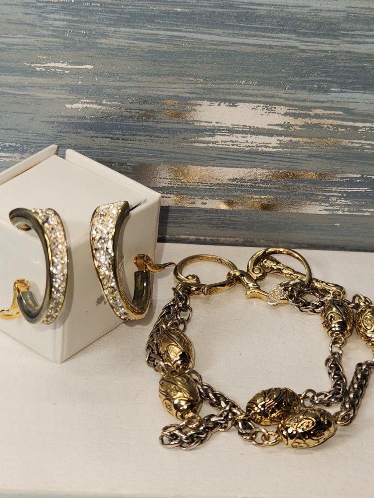 #2206, RETIRED JEWELRY, SIGNED "PREMIER DESIGNES" ENAMEL BRACELET, CRYSTAL EARRINGS
