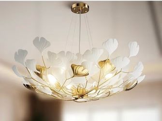 NEW IN BOX 30” Gingko Leaf Chandelier - Brass Branches & Thick Acrylic Leaves $300 Price is Firm