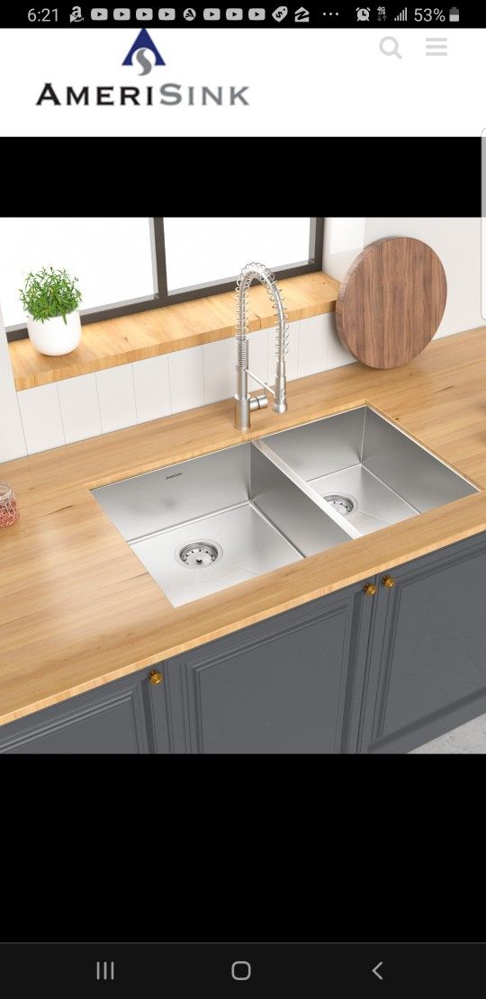 Amerisink Kitchen Stainless Steel Double Sink 33x 20x10