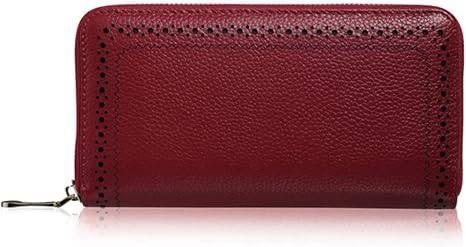 JNKET Fashion and Genuine Leather Zipper Wallet with Large Capacity, Wine Red
