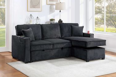Sectional Convertible Bed, Reversible Chaise, Storage chaise, Black Corduroy fabric, New Especial price 
