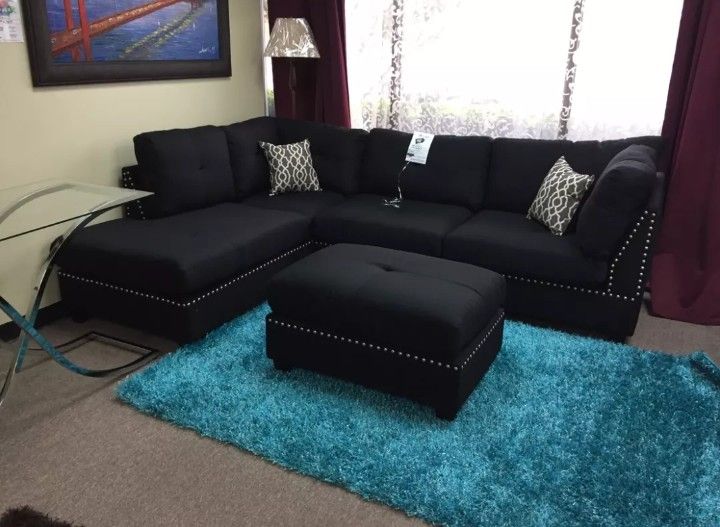 Brand New Black Linen Sectional Sofa +Ottoman (New In Box)
