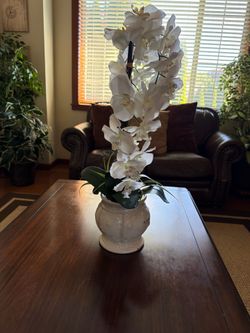Beautiful Faux White Orchid Arrangement in Decorative Ceramic Pot