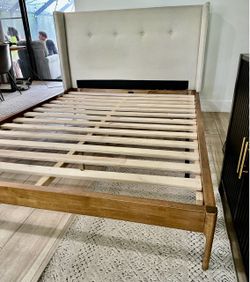 Upholstered Wingback Bed Frame with Wood Slats
