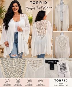 Torrid Crochet Inset Kimono Lightweight Gauze Fabric size 6   home smoke free and pet  Length 40” armpit to armpit 24”  sleeve 28”